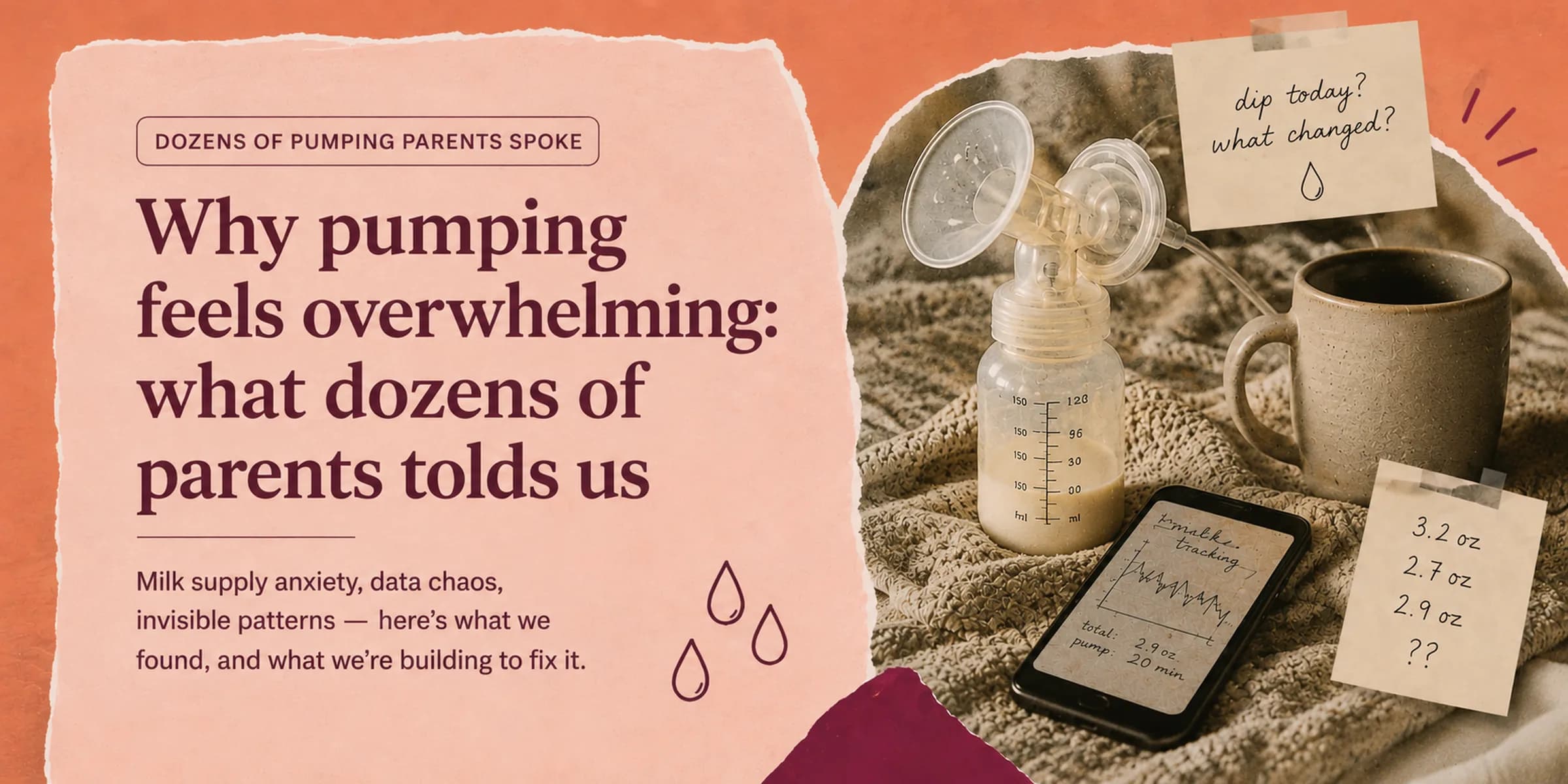 Illustrated collage of a breast pump, a mug, and sticky notes tracking daily pumping output