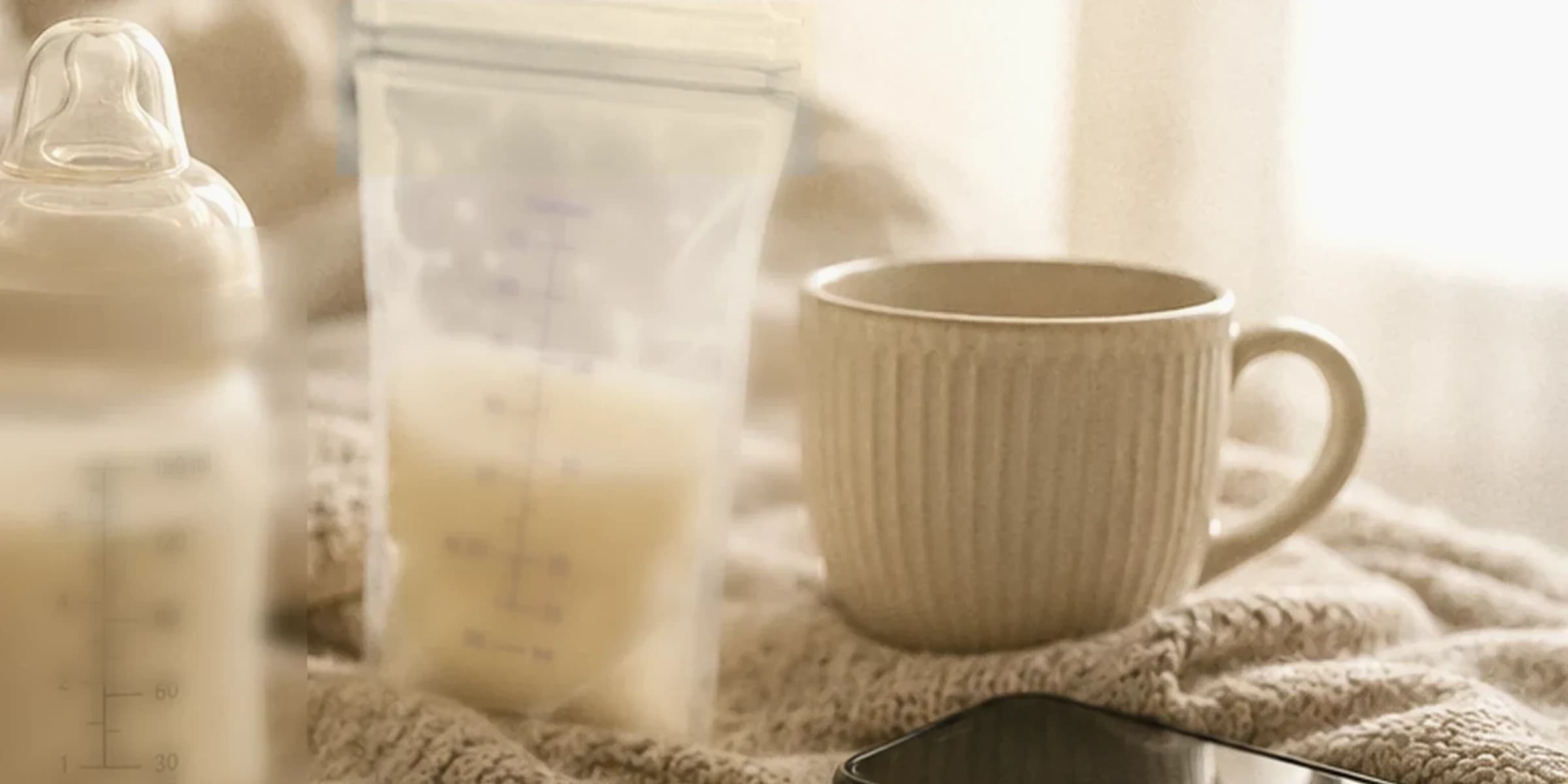 Gros plan en noir et blanc d'un sachet de conservation de lait maternel gradué, posé sur une table en bois à côté d'un linge plié.