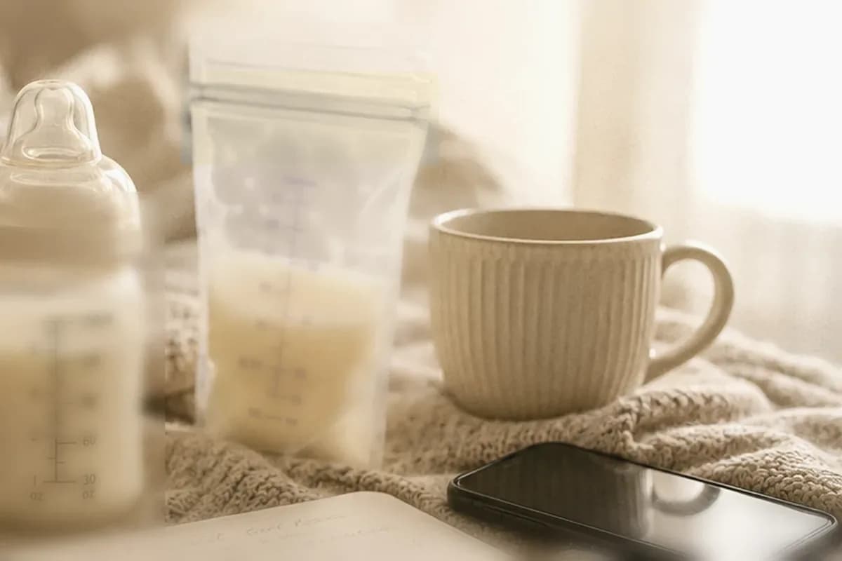 Gros plan en noir et blanc d'un sachet de conservation de lait maternel gradué, posé sur une table en bois à côté d'un linge plié.