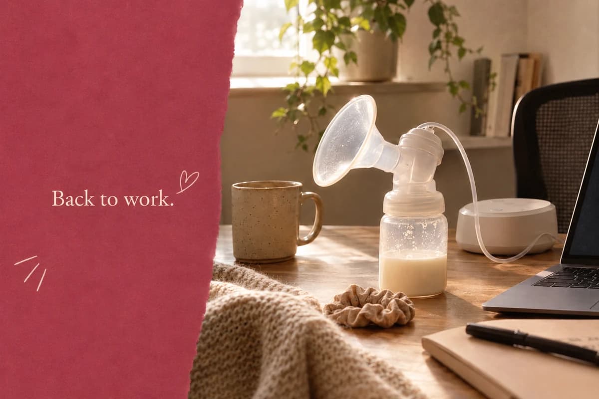 Breast pump with milk-filled bottle on a wooden desk beside a coffee mug, knit scarf, and open laptop, with 'Back to work.' text on a dark pink background.
