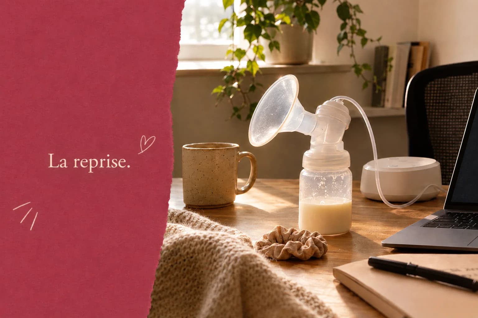 Tire-lait avec un biberon rempli de lait sur un bureau en bois, à côté d'une tasse de café, d'une écharpe en laine, d'un carnet et d'un ordinateur portable ouvert, avec le texte « La reprise. » sur fond rose foncé.