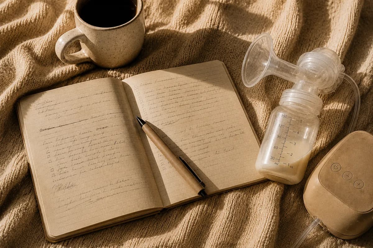 Photo en plongée aux tons chauds sur une couverture en grosse maille : un carnet ouvert couvert d'une écriture manuscrite en boucles avec un stylo en bois posé dessus, une tasse en céramique mouchetée, et un tire-lait manuel dont le biberon de lait porte des graduations en millilitres et en onces.