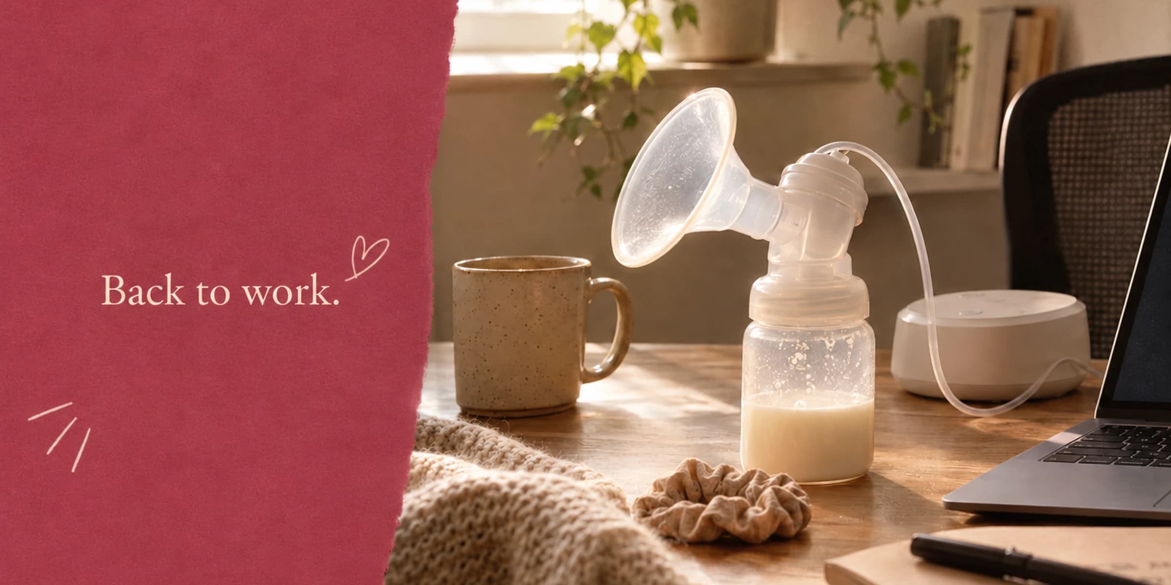 Breast pump with milk-filled bottle on a wooden desk beside a coffee mug, knit scarf, and open laptop, with 'Back to work.' text on a dark pink background.