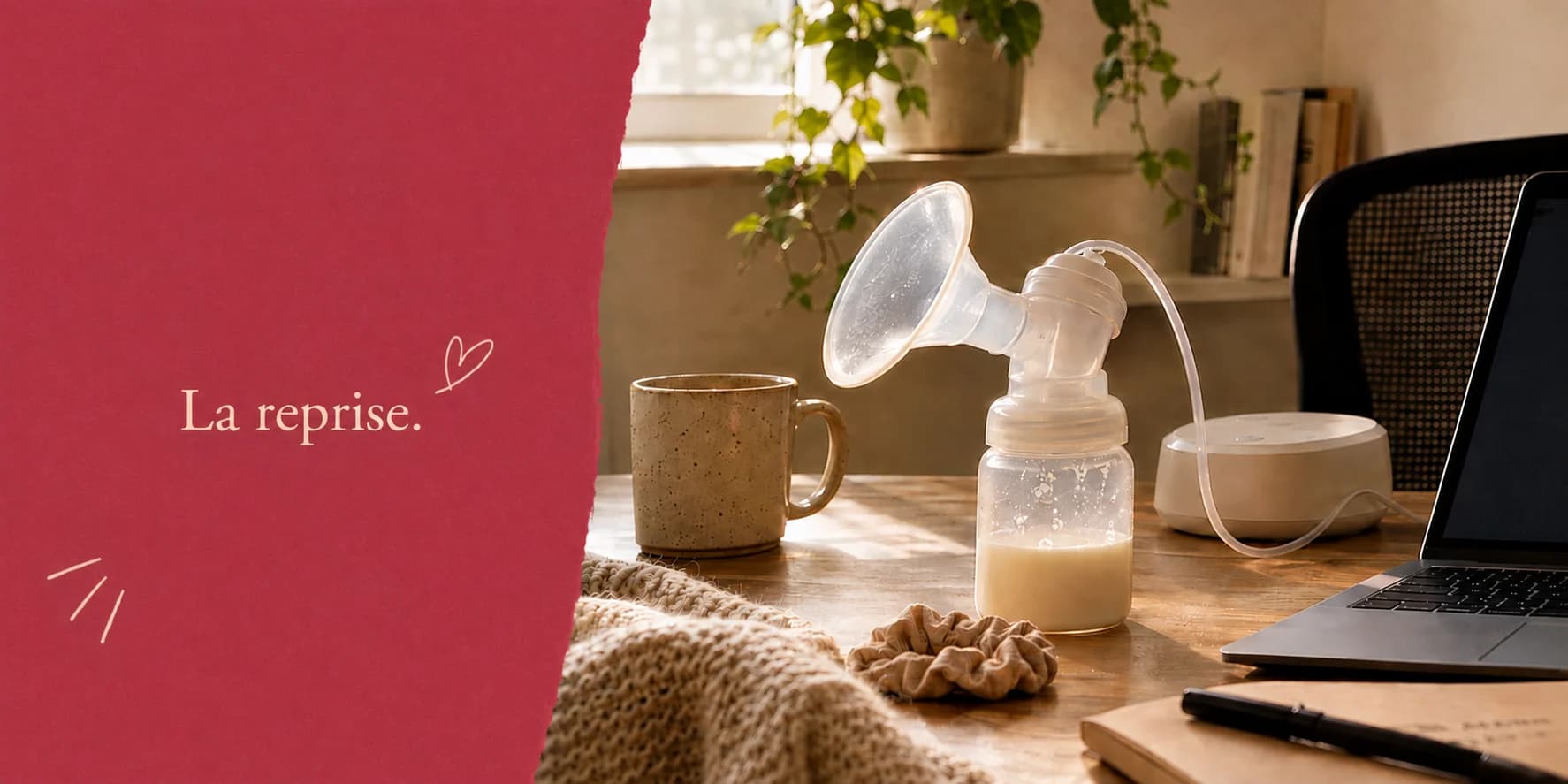 Tire-lait avec un biberon rempli de lait sur un bureau en bois, à côté d'une tasse de café, d'une écharpe en laine, d'un carnet et d'un ordinateur portable ouvert, avec le texte « La reprise. » sur fond rose foncé.