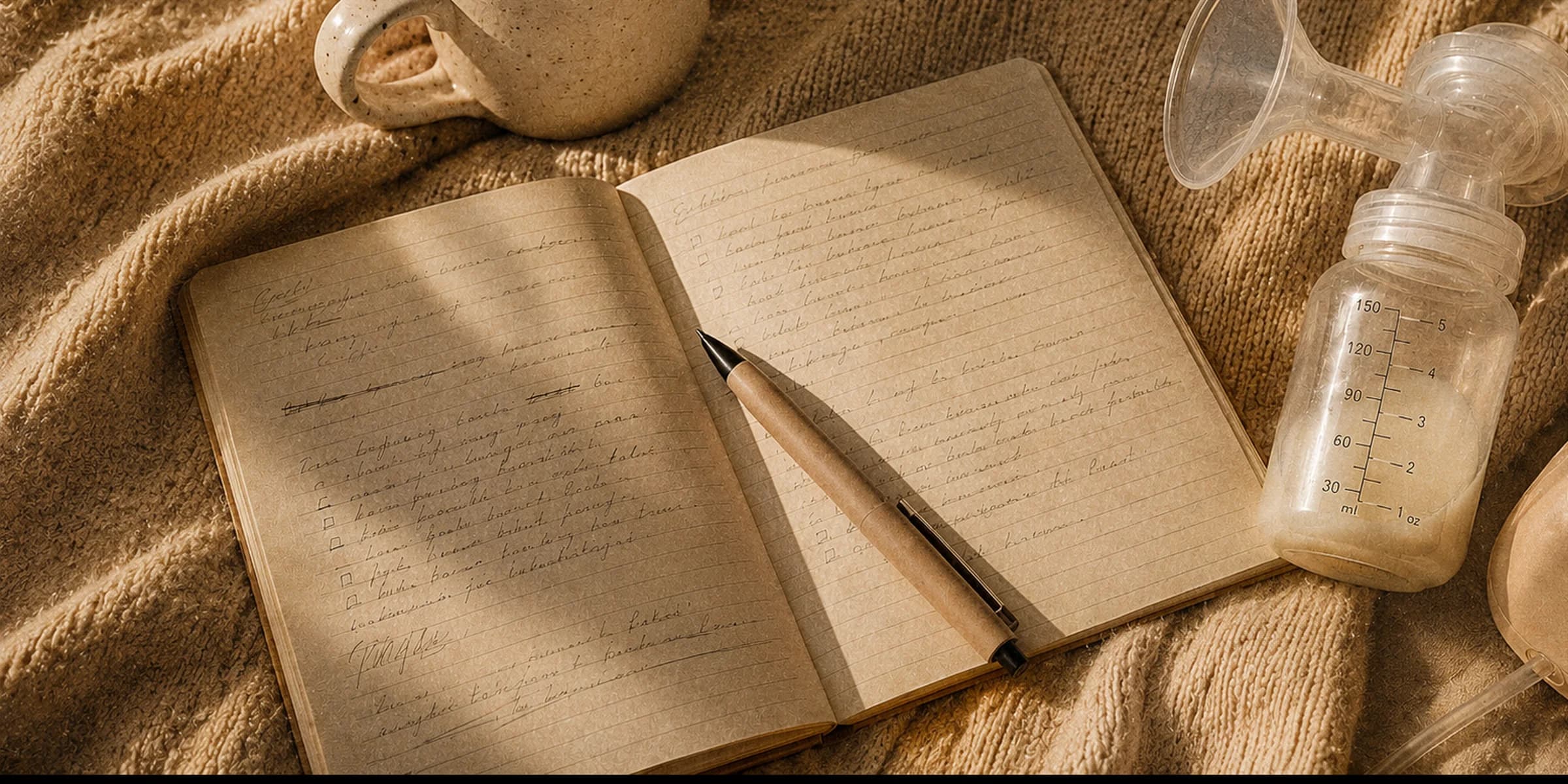 Photo en plongée aux tons chauds sur une couverture en grosse maille : un carnet ouvert couvert d'une écriture manuscrite en boucles avec un stylo en bois posé dessus, une tasse en céramique mouchetée, et un tire-lait manuel dont le biberon de lait porte des graduations en millilitres et en onces.
