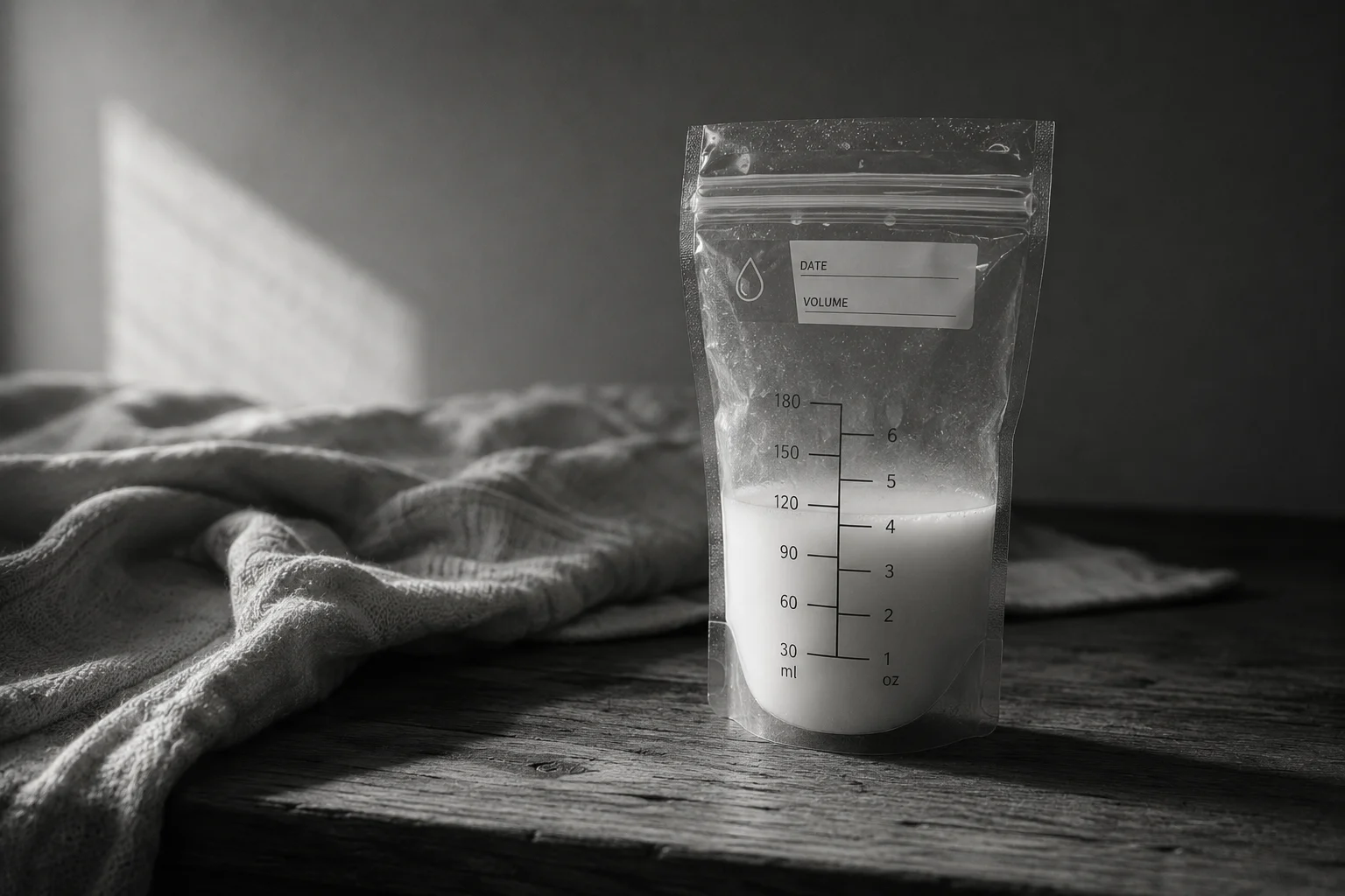 Gros plan d'un sachet de conservation de lait maternel gradué, à côté d'un biberon et d'une tasse sur une couverture douce.