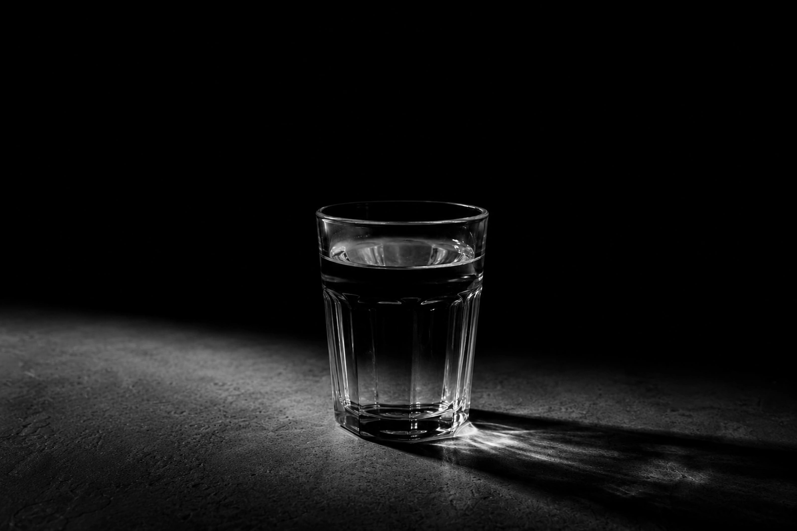 Photo en noir et blanc d'un unique verre à facettes rempli d'eau aux trois quarts environ, éclairé par une lumière latérale dure sur fond presque noir, projetant une longue ombre et un filet de lumière réfractée sur une surface en béton.